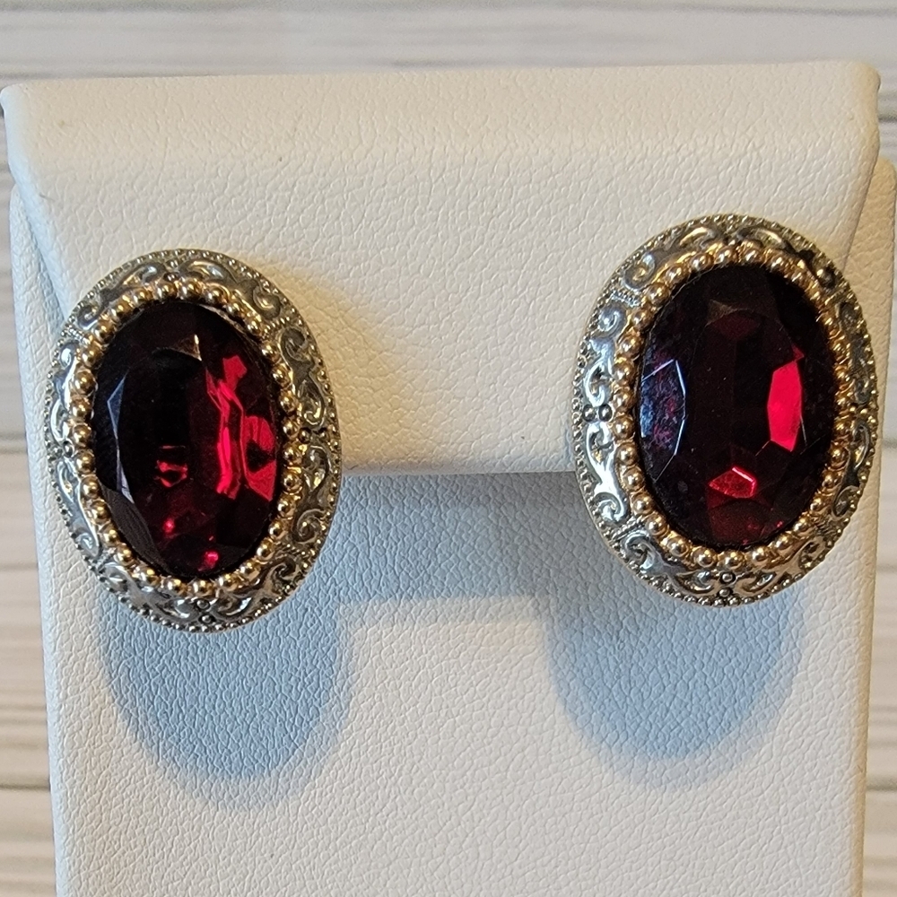 Vintage Ruby Red Faceted Stone Ornate Gold Tone Statement Pierced Earrings